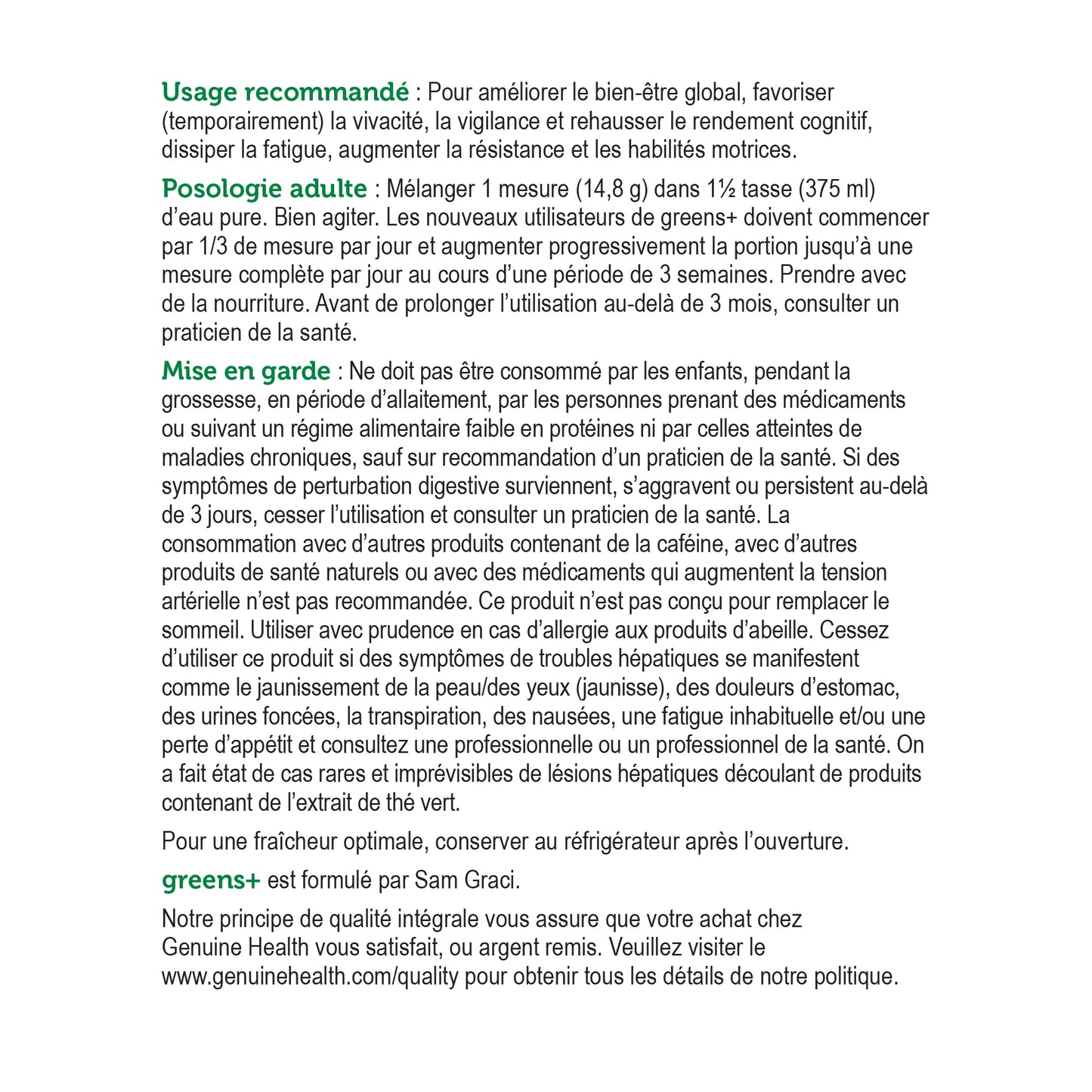 Greens + énergie super aliment saveur de chocolat 444g