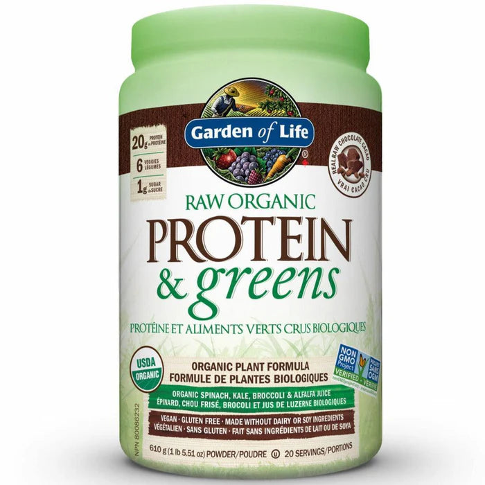 Protéines et aliments verts crus biologiques saveur de chocolat 610g