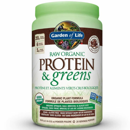 Protéines et aliments verts crus biologiques saveur de chocolat 610g